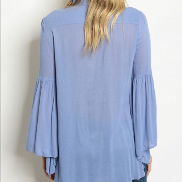Bell Sleeve Top Flowy Blue Button Up Blouse - Picture 3 of 7